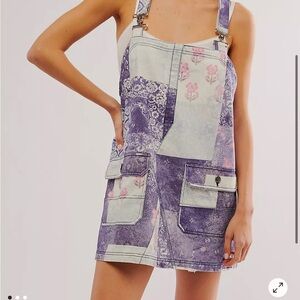 Free People Patchwork Print Denim Overalls - Purple & Pink